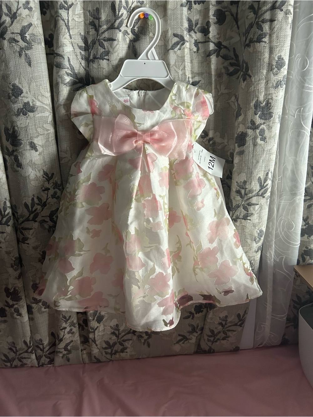 Bonnie Baby White Floral Organza Dress with Pink Bow
